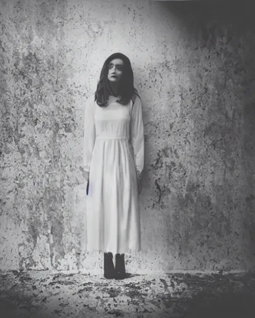 Prompt: a beautiful and eerie instant photo of a pretty young woman wearing a white dress standing in a vast room with blood on the walls, something sinister is happening behind her