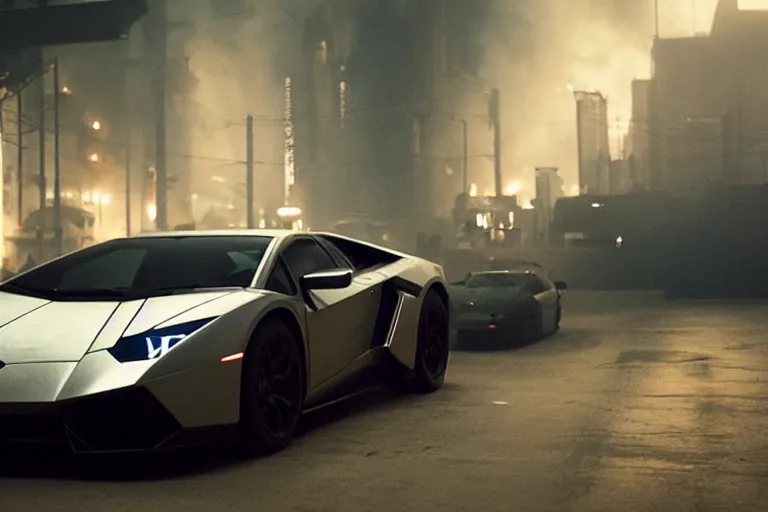 Image similar to A cinematic film still of a Lamborghini in the movie Blade Runner: 2049.