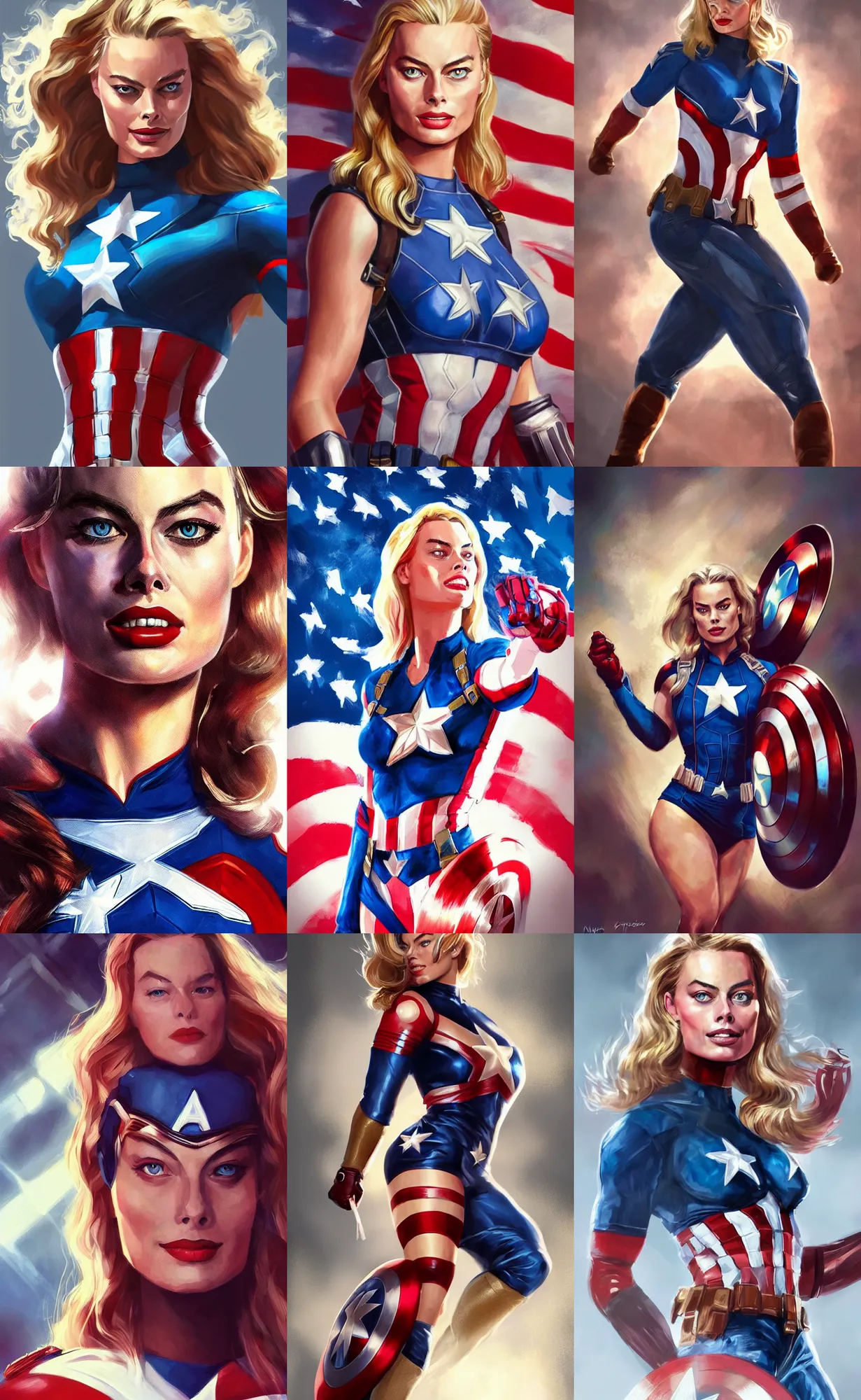 Prompt: a beautiful rendering of Margot Robbie as captain America by nick Silva, trending on artstation, instagram