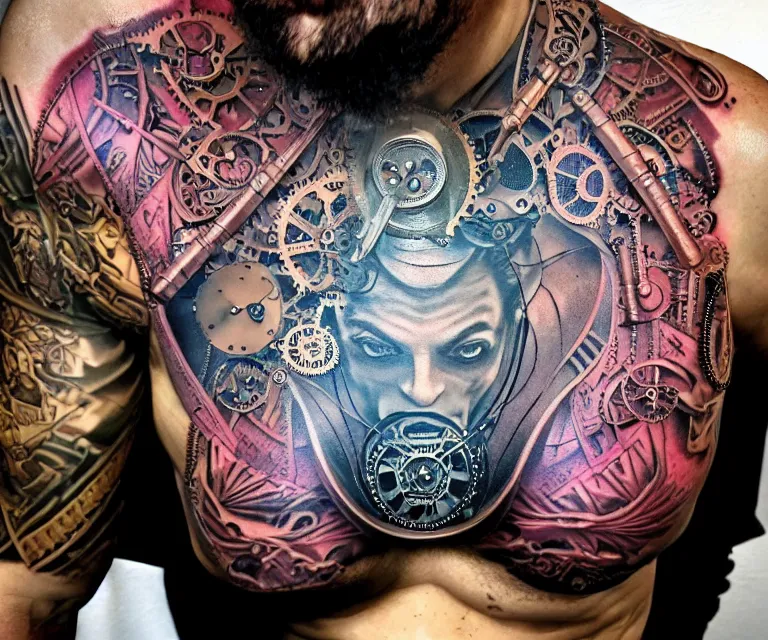 Prompt: closeup photograph of an incredible color chest tattoo of mad hatter face made of interlocking steampunk gears, intricate linework peter mohrbacher intricate, model with attractive body, award-winning by rapha lopes, and baris yesilbas, photo taken with dramatic studio lighting by brian ingram