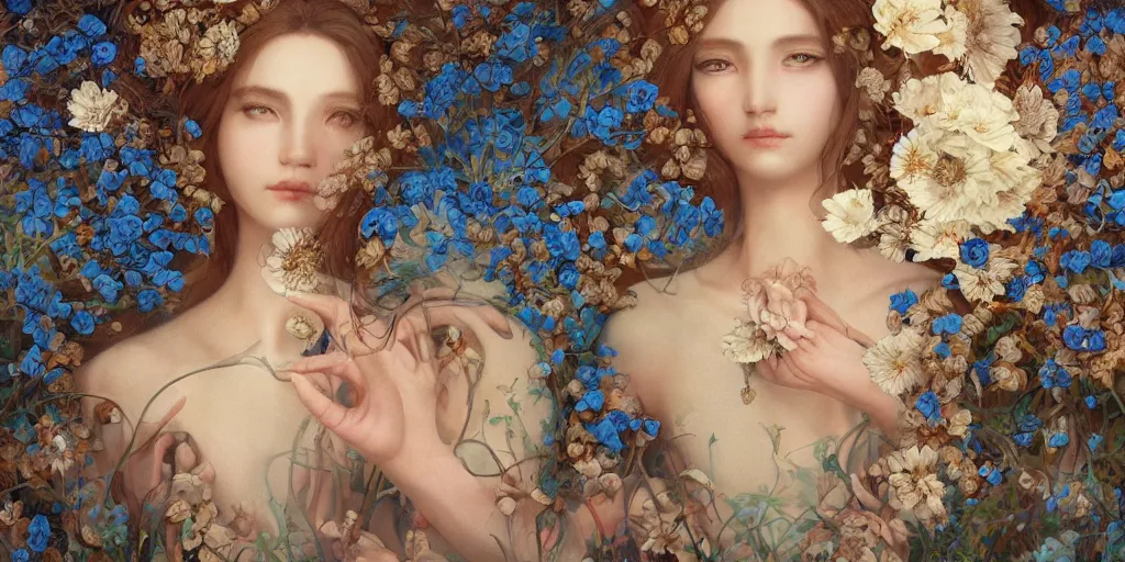 Image similar to breathtaking detailed concept weird art painting portrait of the goddess of nemophila flowers, orthodox saint, with anxious piercing eyes, ornate background, amalgamation of leaves and flowers, by hsiao - ron cheng, extremely moody lighting, 8 k