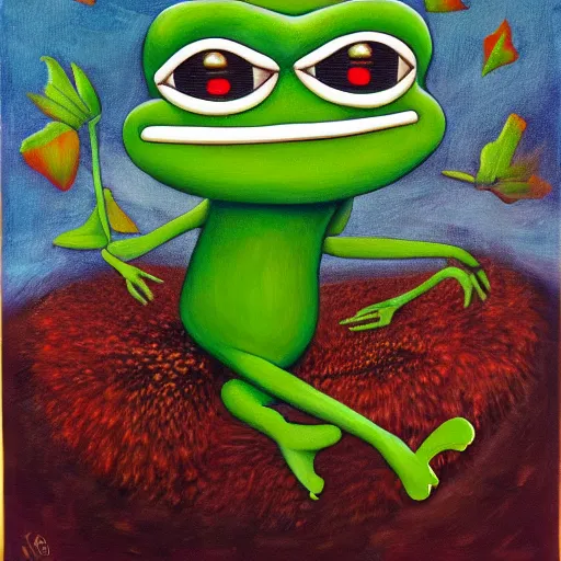 Prompt: pepe frog dream, oil on canvas, surrealism