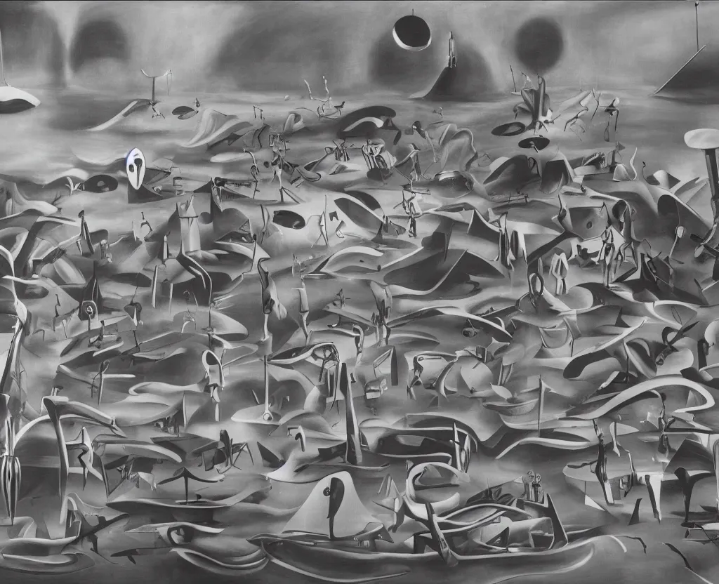 Prompt: artificial black hole wasteland. a large full room art installment by Yves Tanguy, realistic