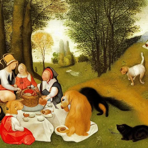 Image similar to bruegel style painting of golden retriever and a black kitty having a tea party in the forest