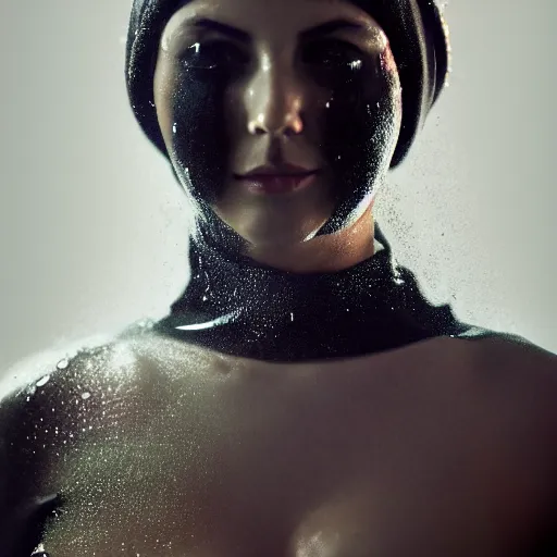 Image similar to beautiful female body silhouette, beautiful acrylic fluid portrait, photography by amy leibowitz and filip fedorov, black latex female balaclava, female calendar, body painted with black fluid, urban city photography, close up portrait, cinematic still, film still, magic hour, dark mood, fashion portrait, cold colors, long exposure, bokeh