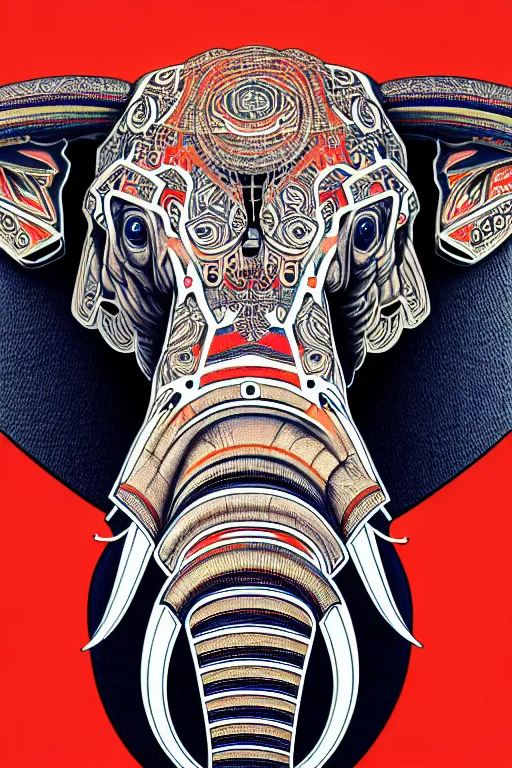 Prompt: a centered portrait of a robotic elephant headed biomechanical creature by clogtwo and subjekt zero. intricate detailed sharp clean textured very ornated. indian tapestry style. lowbrow color palette