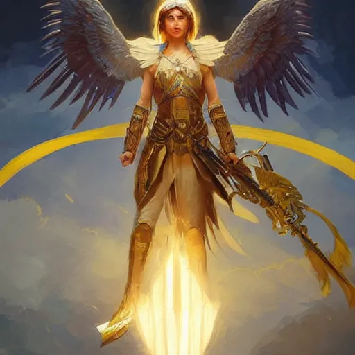 Image similar to ukrainian warrior of light with angel wings, blue and yellow flag, highly detailed, digital painting, artstation, concept art, smooth, sharp focus, illustration, cinematic lighting, art by artgerm and greg rutkowski and alphonse mucha