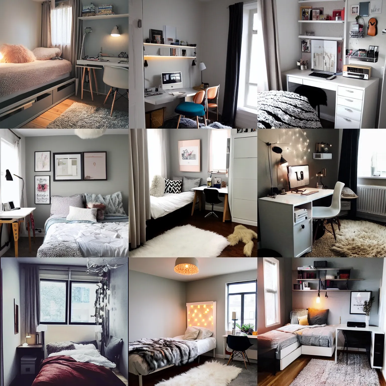 Prompt: 6 0 sqft small bedroom design, cozy, retro lights, computer desk, wardrobe, fur rug