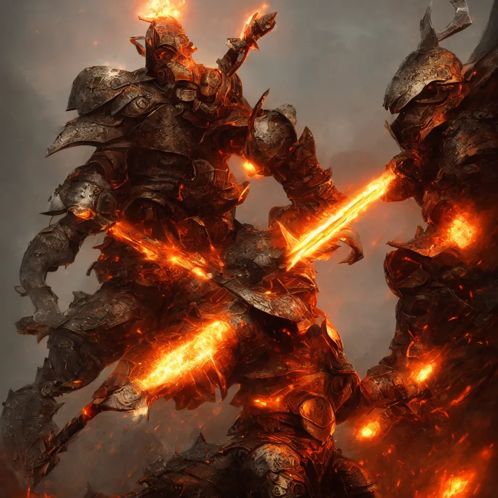 Prompt: photo of brutal Warrior, wearing intricate steel armor, sharp focus, holding magical fiery battle-axe, magical aura, heroic pose, fantasy style, octane render, volumetric lighting, 8k high definition, by greg rutkowski, highly detailed, trending on ArtStation, magical Battlefield background, centered