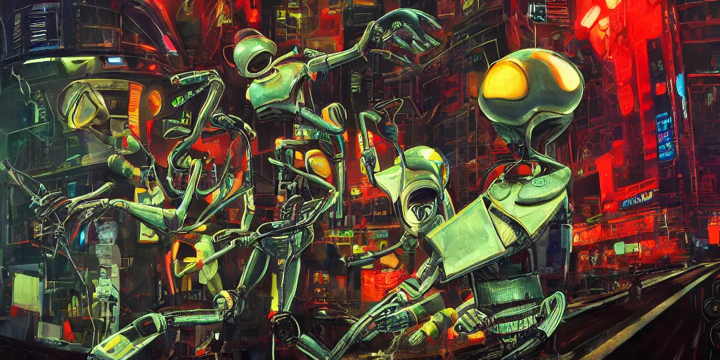 Image similar to subterranean homesick alien, radiohead robots fighting the karma police, paranoid android made of stereo components and speakers, highly stylized, ultra detailed oil painting in the style of frank miller, photorealistic illustration, octane render, 8 k resolution,