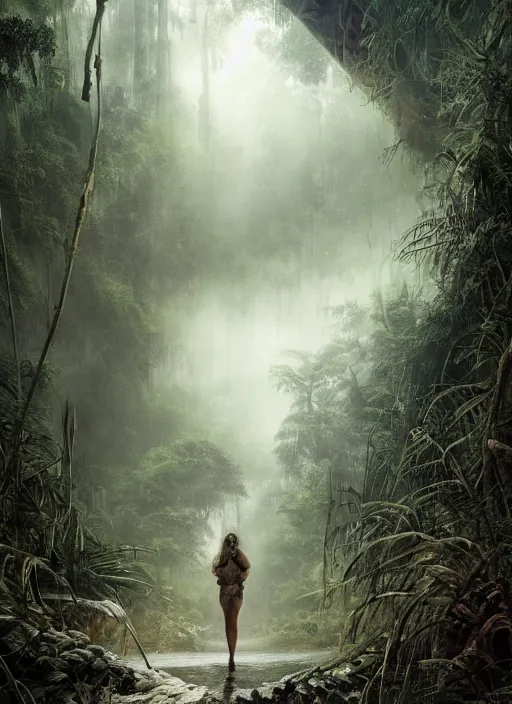 Prompt: a tribal woman from behind in front of a rotten, post apocalyptic aircraft carrier in the rain forest, overgrown with lush vegetation, by Luis Royo, by Greg Rutkowski, dark, gritty, intricate, backlit, strong rim light, cover illustration, concept art, volumetric lighting, volumetric atmosphere, sharp focus, octane render, trending on artstation, 8k