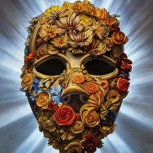 Image similar to masterpiece painting of a facemask made of flowers, by annie swynnerton and jean delville and tino rodriguez and diego rivera, photorealistic, flower mask, symbolist, dramatic lighting, god rays, elaborate geometric ornament, clean crisp graphics, soft cool colors, smooth sharp focus, extremely detailed