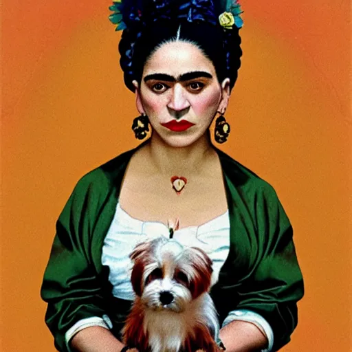 Prompt: a cream colored havanese dog dressed as frida kahlo, portrait by frida kahlo