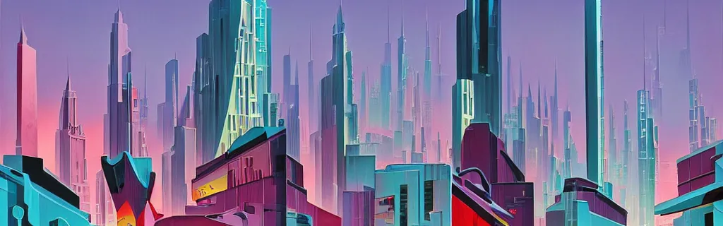 Image similar to sci - fi city street with faceted angular buildings, modernism, gouache, animated film, stylised, illustration, by eyvind earle, scott wills, genndy tartakovski, syd mead