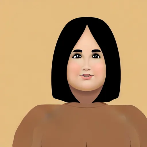 Image similar to chubby brunette woman with straight hair in a short bob, round face, romanian heritage, brown eyes, olive skin, bulbous nose, big chin, wide face, no bangs, digital art, cartoon, cute, 8k, illustration, trending on artstation, medium shot, head shot