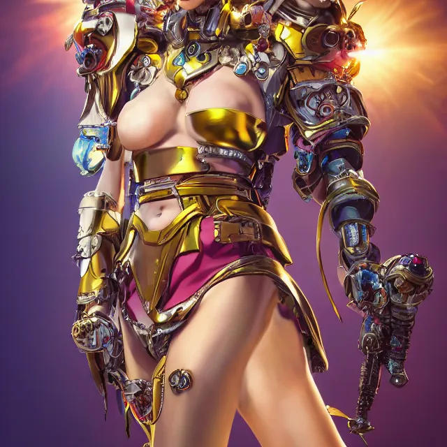 Image similar to studio portrait of lawful good colorful female holy mecha paladin absurdly beautiful, elegant, young swimsuit model, ultrafine hyperrealistic detailed face illustration by kim jung gi, irakli nadar, intricate linework, sharp focus, bright colors, matte, octopath traveler, final fantasy, unreal engine highly rendered, global illumination, radiant light, intricate environment