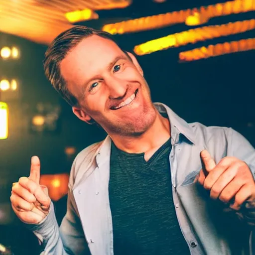 Image similar to photo of a 4 0 year old white man living thinking he's living the best life possible. he looks young for his age. he is at a dance club, it's as if he were in a music video. young woman can be seen dancing around him in a seductive manner.