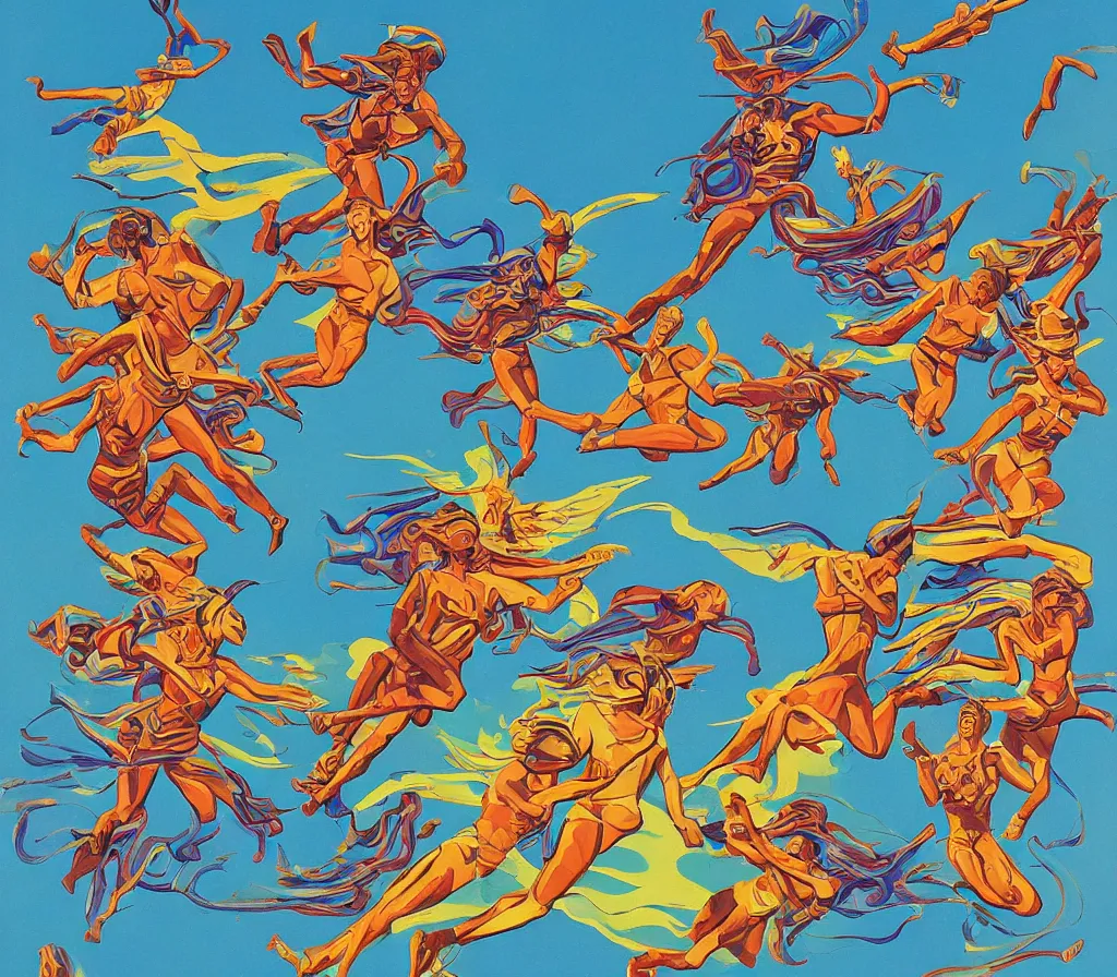 Prompt: sacred angels fighting in the skies of seattle, gouache, stylised, illustration, by syd mead, mati klarwein, and moebius