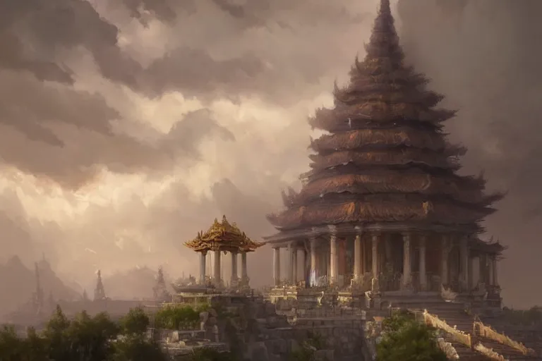 Prompt: a fantasy digital painting of a temple in the clouds, by Greg Rutkowski and James Gurney, trending on Artstation, highly detailed