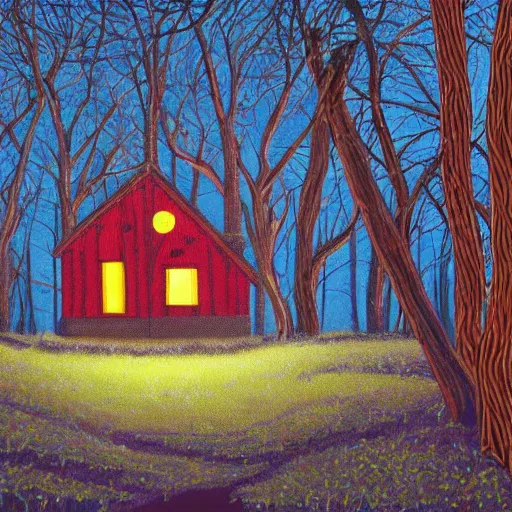 Image similar to a painting of a eerie cabin in the middle of the woods in the style of yayoi kusama