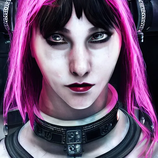 Image similar to detailed realistic cyberpunk female character cyberpunk wearing large steel collar around neck, realistic, art, beautiful, 4K, collar, choker, collar around neck, punk, artstation, detailed, female, woman, choker, cyberpunk, neon, punk, collar, choker, collar around neck, thick collar, choker around neck, wearing choker, wearing collar, bright neon punk hair, collar, choker,