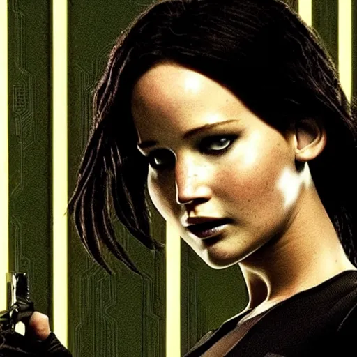 Prompt: promo picture of Jennifer Lawrence as Neo in Matrix remake HDR (2029)