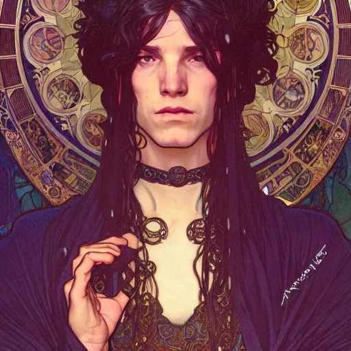 Image similar to full portrait of neil again an as destiny from the sandman comics, fantasy, d & d, intricate, detailed, by by alphonse mucha, adolfo hohenstein, alice russell glenny, stanley artgerm lau, greg rutkowski, detailed, trending on artstation, trending on artstation, smooth