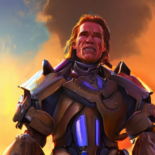 Image similar to a screenshot of arnold schwarzenegger as reinhardtin overwatch, portrait, fantasy, beautiful face, vivid colors, elegant, concept art, sharp focus, digital art, hyper - realistic, 4 k, unreal engine, highly detailed, hd, dramatic lighting by brom, trending on artstation