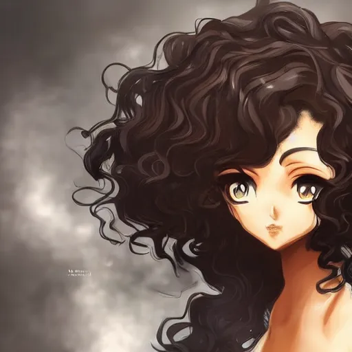 Image similar to A brown skinned woman with black curly hair as an anime character, artstation, highlt detailed