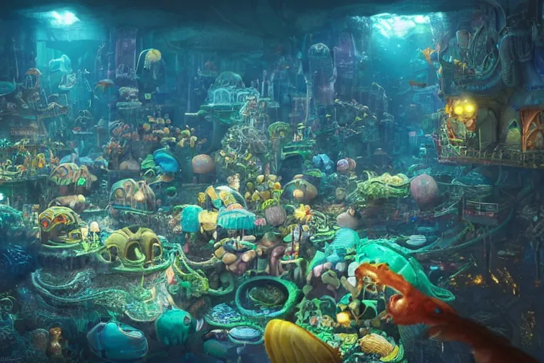 Image similar to the most amazing dream you ever had about undersea bikini bottom city, hyper realistic, ambient lighting, concept art, intricate, hyper detailed, smooth, dynamic volumetric lighting, octane, cinematic