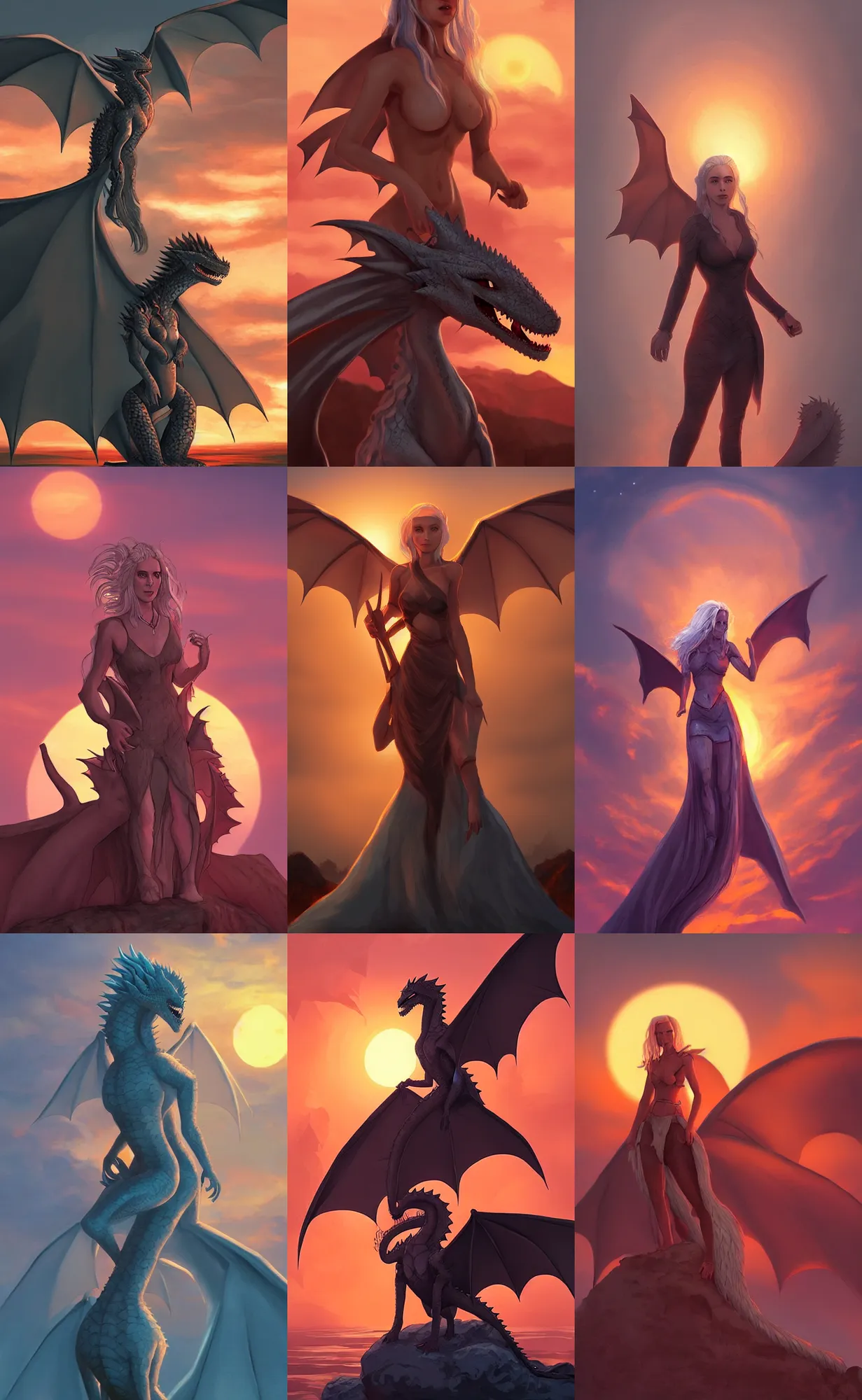 Prompt: Mother of Dragons at sunset, rim lit, trending on artstation, instagram