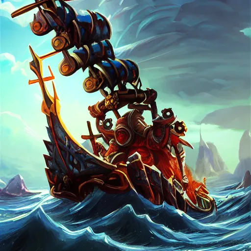 Prompt: arcane style viking battleship, viking cannons, viking spears and axes. spear and axes, blue sea waves background, bright art masterpiece artstation. 8 k, sharp high quality artwork, concept art by tooth wu, blizzard warcraft artwork, hearthstone card artwork