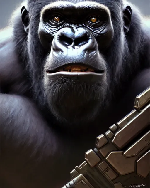 Image similar to winston the gorilla in his armor from overwatch, character portrait, portrait, close up, concept art, intricate details, highly detailed by greg rutkowski, michael whelan and gustave dore