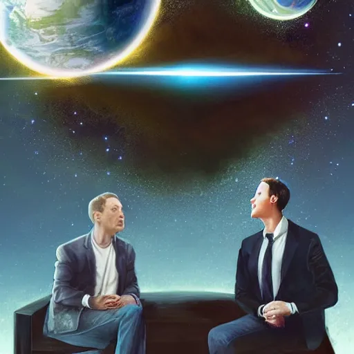 Image similar to portrait of elon musk, mark zuckerberg and jeff bezos together, looking at planet earth, very detailled, art contest winner on behance, trendy on deviant art, by by artgem, greg rutkowski