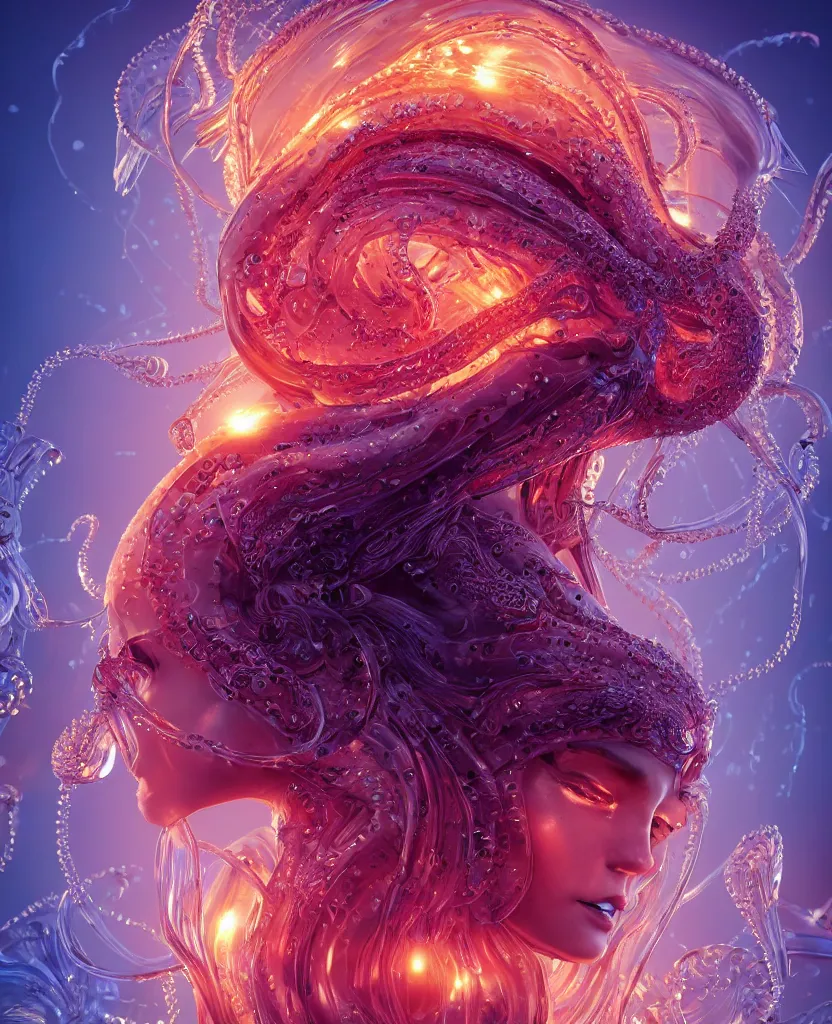 Image similar to close-up macro portrait of the face of a beautiful princess, epic angle and pose, symmetrical artwork, 3d with depth of field, blurred background, cybernetic jellyfish female face skull phoenix bird, translucent, nautilus, energy flows of water and fire. a highly detailed epic cinematic concept art CG render. made in Maya, Blender and Photoshop, octane render, excellent composition, cinematic dystopian brutalist atmosphere, dynamic dramatic cinematic lighting, aesthetic, very inspirational, arthouse. y Greg Rutkowski, Ilya Kuvshinov, WLOP, Stanley Artgerm Lau, Ruan Jia and Fenghua Zhong