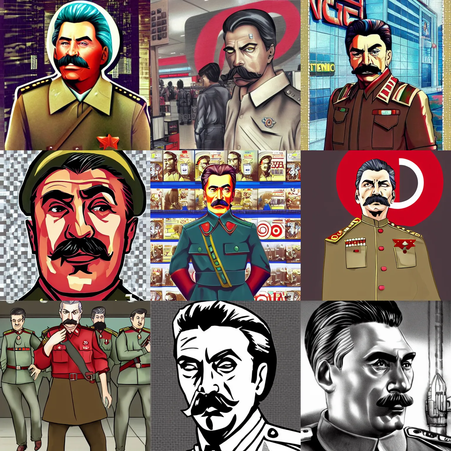 Prompt: Joseph Stalin reincarnated in a Target store from the 90s trending on pixiv, cyberpunk