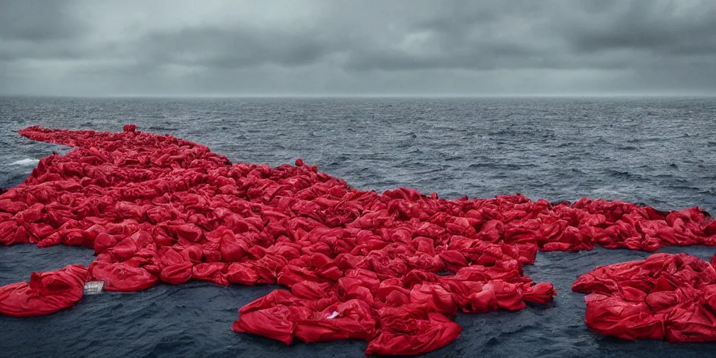 Image similar to photography of thousand of red garbage bags floating in the middle of a stormy ocean, photography by cindy sherman, cinematic, photography award winning, rule of thirds, golden ratio, phi