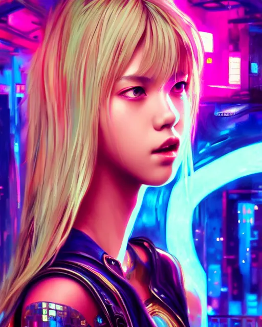 Prompt: beautiful digital painting of lalisa cyberpunk background with high detail, 8 k, stunning detail, neon lights, photo by wlop, artgerm and greg rutkowski and alphonse mucha, unreal engine 5, 4 k uhd