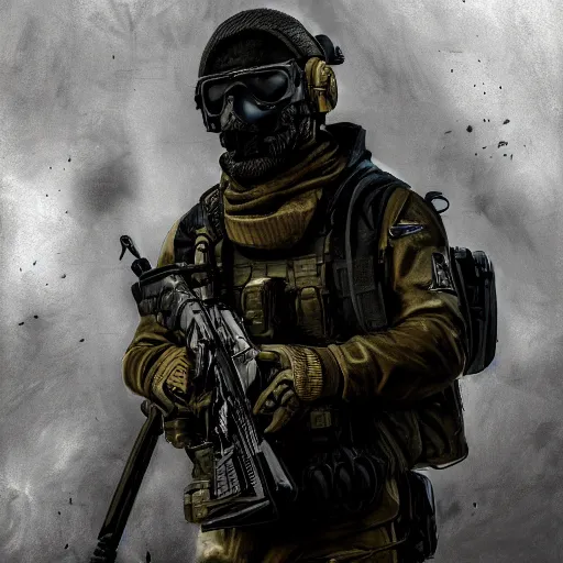 Prompt: a portrait of a Simon Riley with a ghost mask ,call of duty, military , game concept art, illustration, modern warfare, HDR, natural light, shoulder level shot, dynamic pose, award winning photograph, Mucha style, 8k,