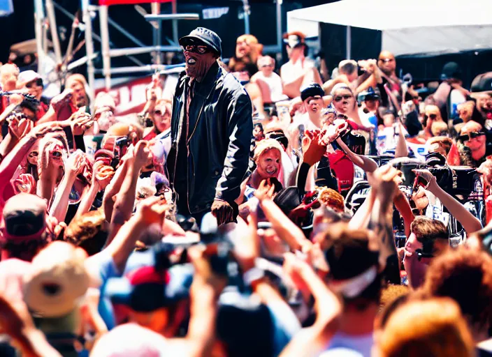 Image similar to photo still of samuel l jackson on stage at vans warped tour!!!!!!!! at age 3 3 years old 3 3 years of age!!!!!!!! stage diving into the crowd, 8 k, 8 5 mm f 1. 8, studio lighting, rim light, right side key light