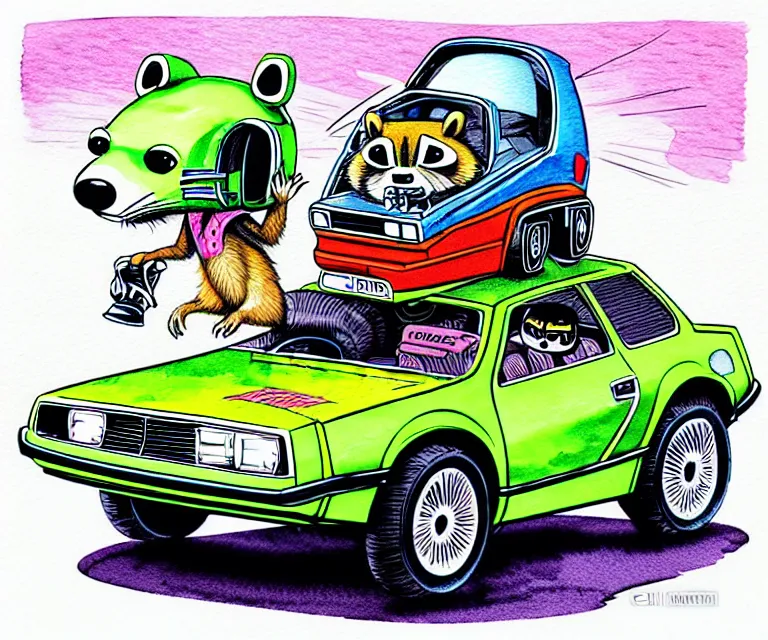 Prompt: cute and funny, racoon wearing a helmet riding in a tiny hot rod dmc delorean with oversized engine, ratfink style by ed roth, centered award winning watercolor pen illustration, isometric illustration by chihiro iwasaki, edited by range murata