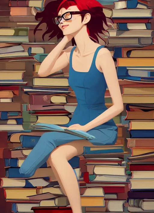 Prompt: a young woman with red hair and glasses sits on top of a tall pile of books. she is reading. cel shaded vector art. behance hd by artgerm, jesper ejsing, by rhads, makoto shinkai and lois van baarle, ilya kuvshinov, rossdraws, illustration, art by ilya kuvshinov