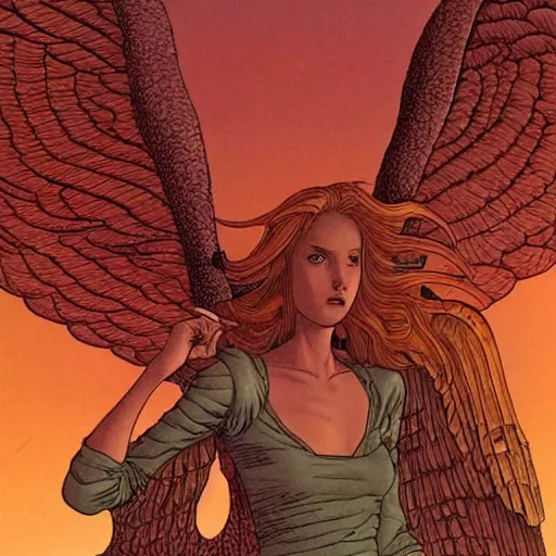 Image similar to a girl riding a winged demon flies over hell art by moebius