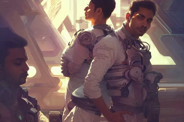 Image similar to Sensual good looking pale young Indian doctors wearing Deus Ex clothing in a space station above Earth, portrait, elegant, intricate, digital painting, artstation, concept art, smooth, sharp focus, illustration, art by artgerm and greg rutkowski and alphonse mucha