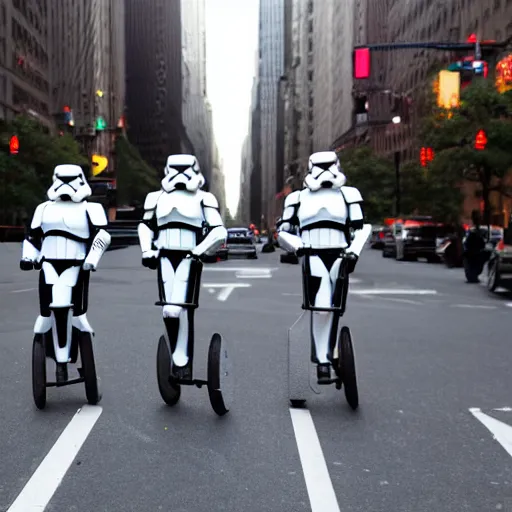 Prompt: several stormtroopers riding unicycles on Park Ave in New York City, 4k photography