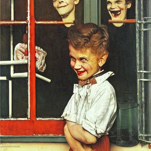 Image similar to smiling handsome young vampire count in the window. painting by Norman Rockwell.