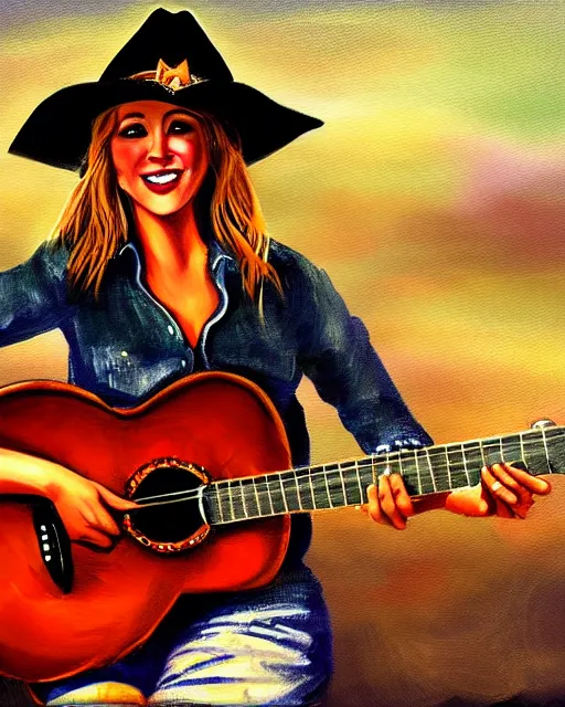 Image similar to a painting of a cowgirl playing a guitar and singing outdoors with texas hill - country in background, in the style of casey baugh, digital art