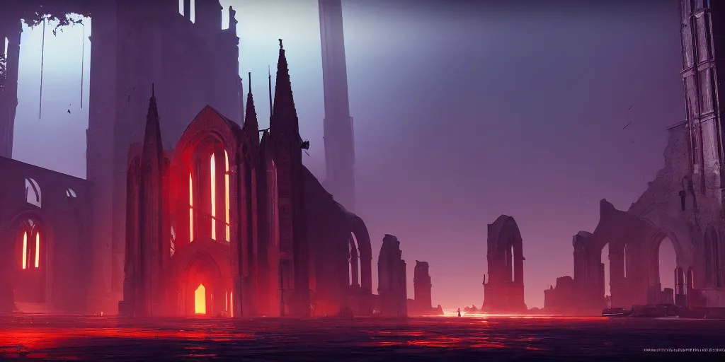 Image similar to symmetrical, centered composition, ancient church with red shafts of light in destiny 2, foggy, liminal, dark, dystopian, beautiful architecture, abandoned, highly detailed 4 k destiny 2 expansion key art wallpaper