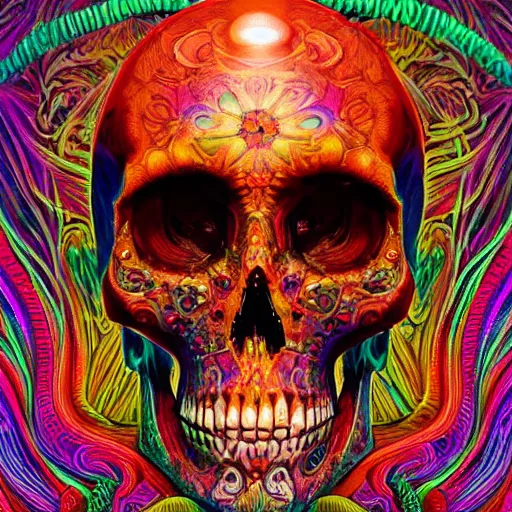 Image similar to An extremely psychedelic portrait of a skull, surreal, LSD, face, detailed, intricate, elegant, lithe, highly detailed, digital painting, artstation, concept art, smooth, sharp focus, illustration