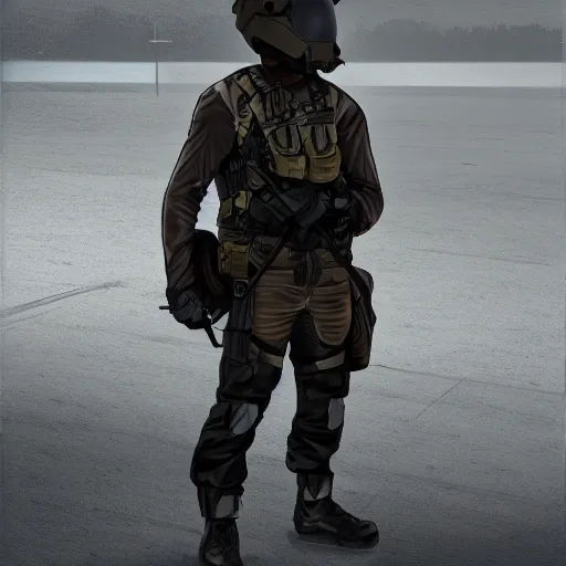 Image similar to futuristic insurgent wearing black helmet glossy visor, brown cloak, technical vest, and a backpack, photorealistic, digital art